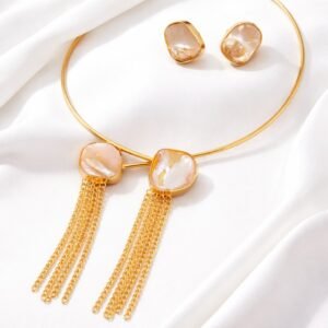 18kt Gold-Plated Pearl Duo Dangler Necklace and Earring Set