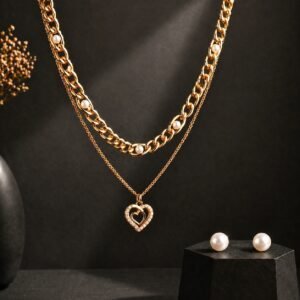 Athena Heart Drop Half Beaded Double Chain Necklace and Earring Set