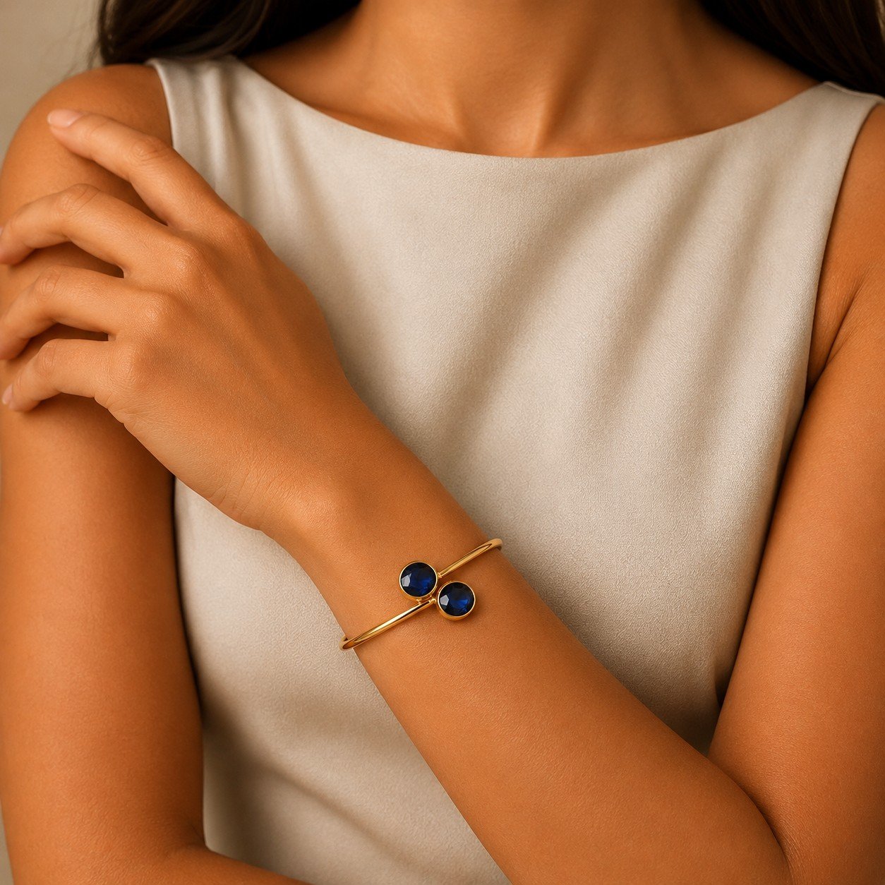 18kt Gold-Plated Solitaire Sapphire Chime Cuff Bracelet - Image 2